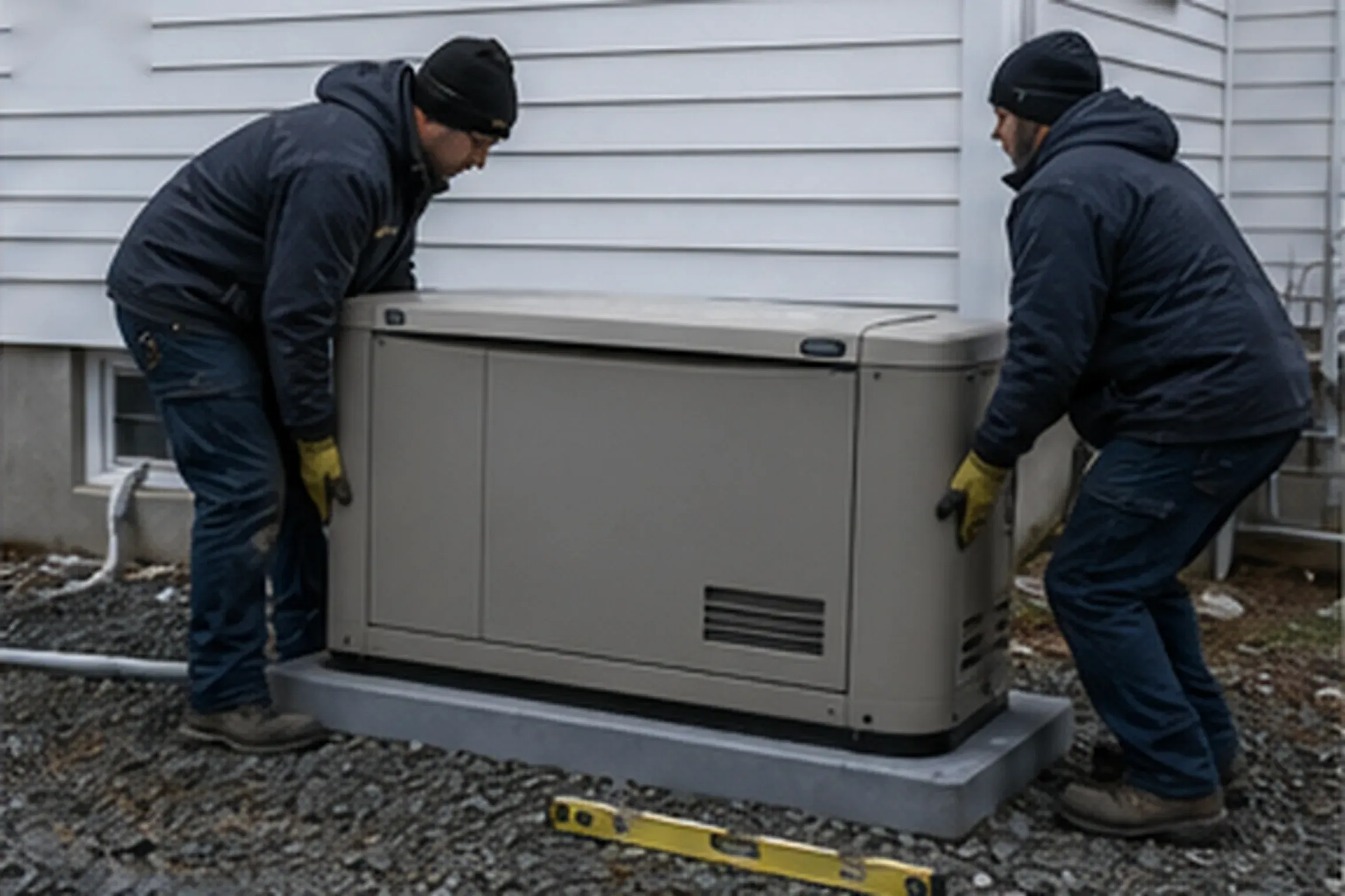 Two technicians in winter work gear setting a standby generator cabinet onto its pad beside a clapboard house