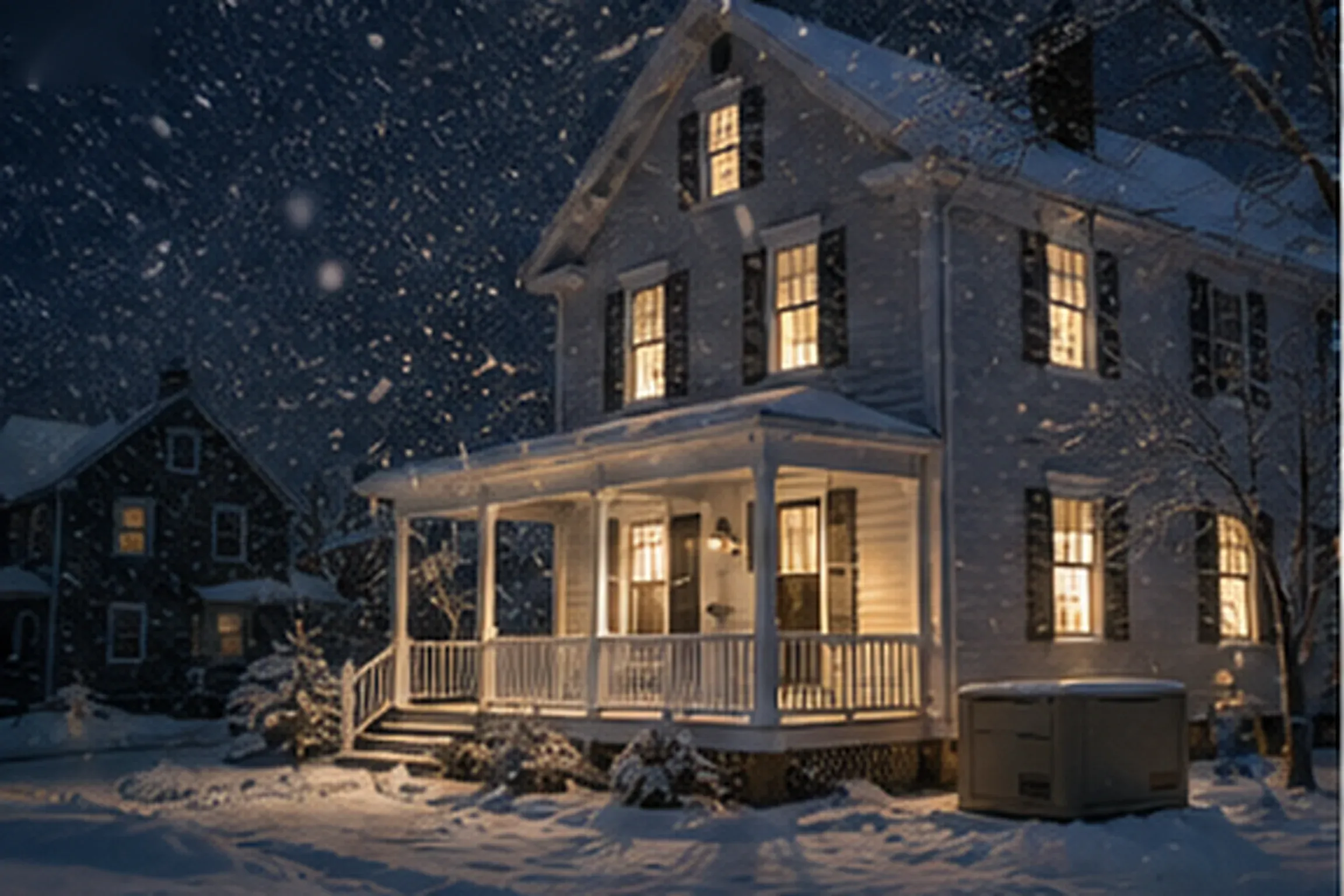 Farmhouse with every window glowing warm during a nighttime snowstorm while neighboring homes sit dark