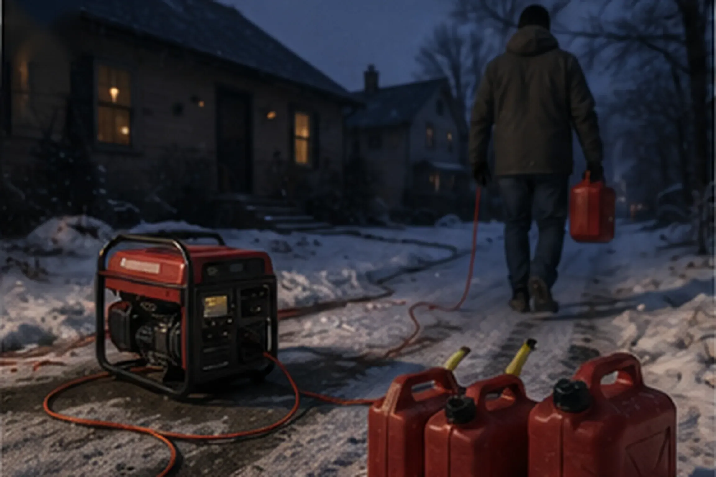 Portable generator and gas cans in a snowy driveway at dusk while a resident carries fuel toward a dark house