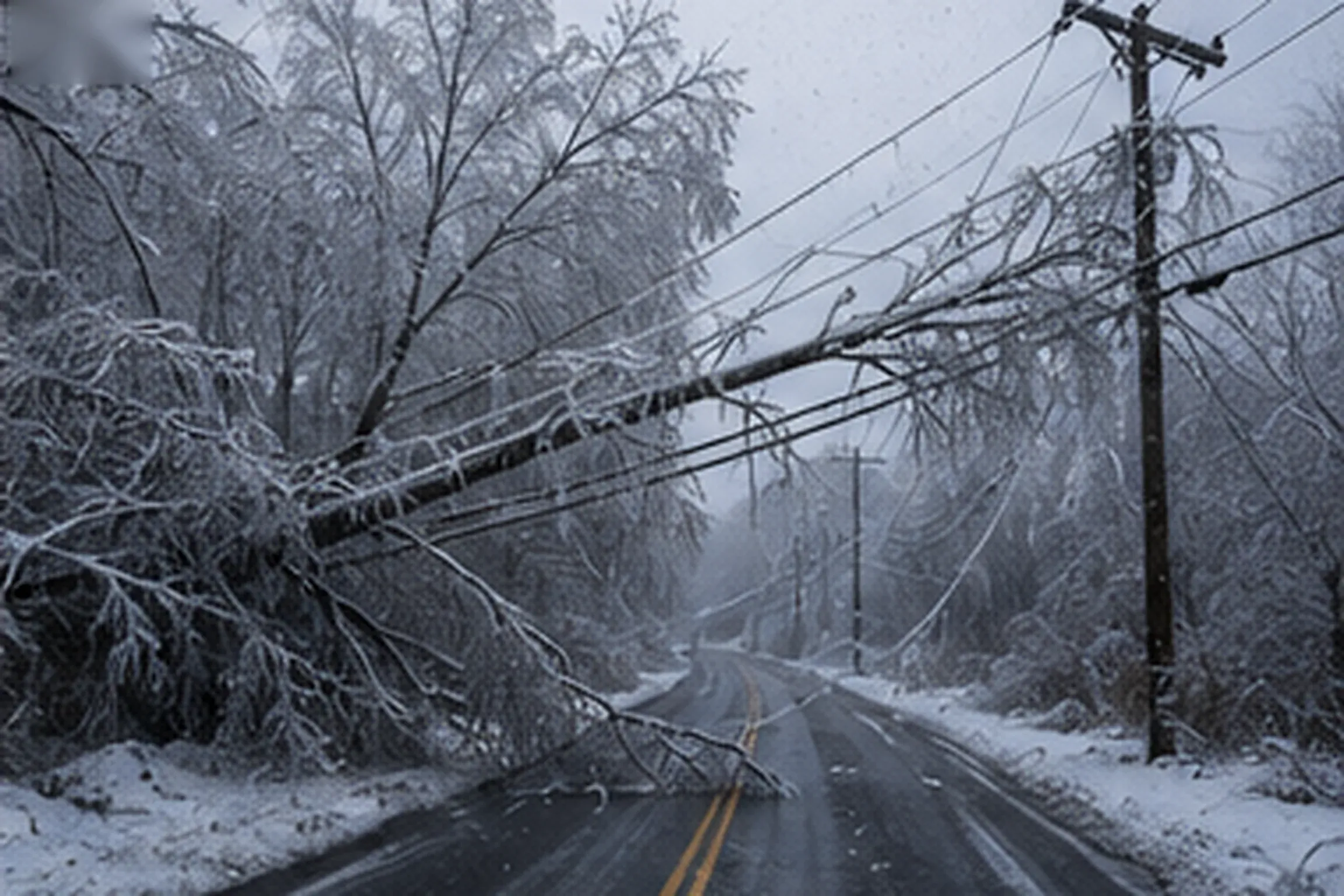 Ice-encased tree fallen across sagging power lines over a rural Maine road after freezing rain