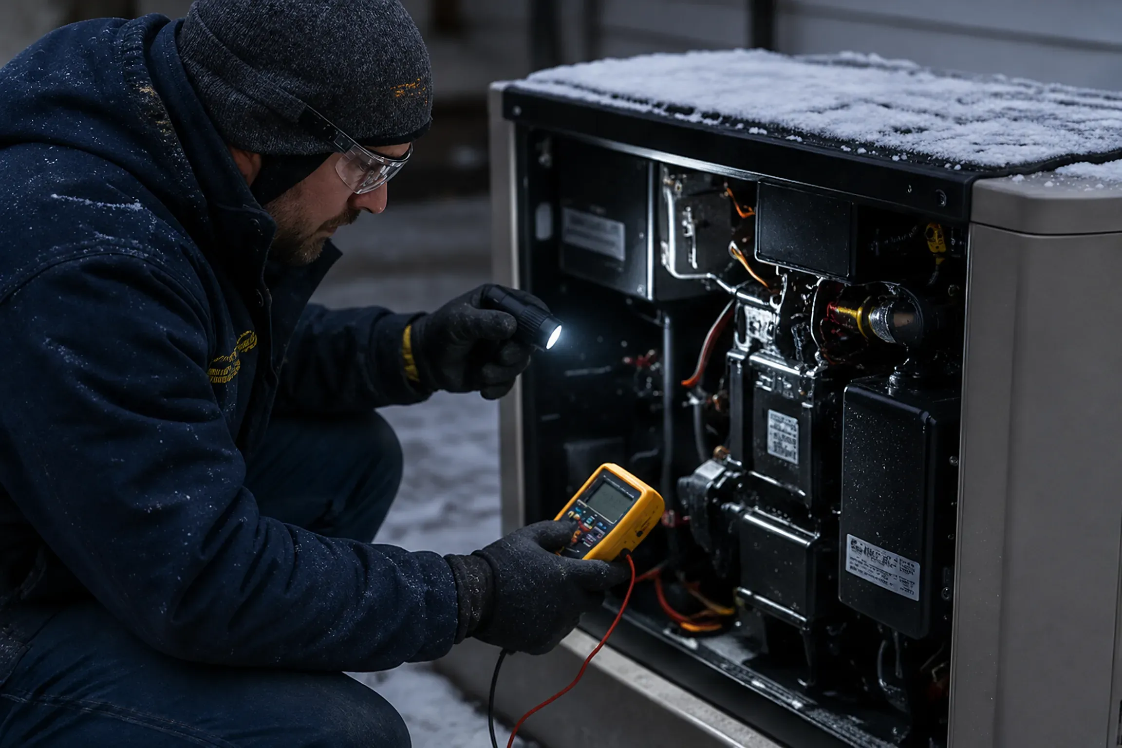 Technician in safety glasses inspecting the open cabinet of a standby generator with a flashlight and multimeter