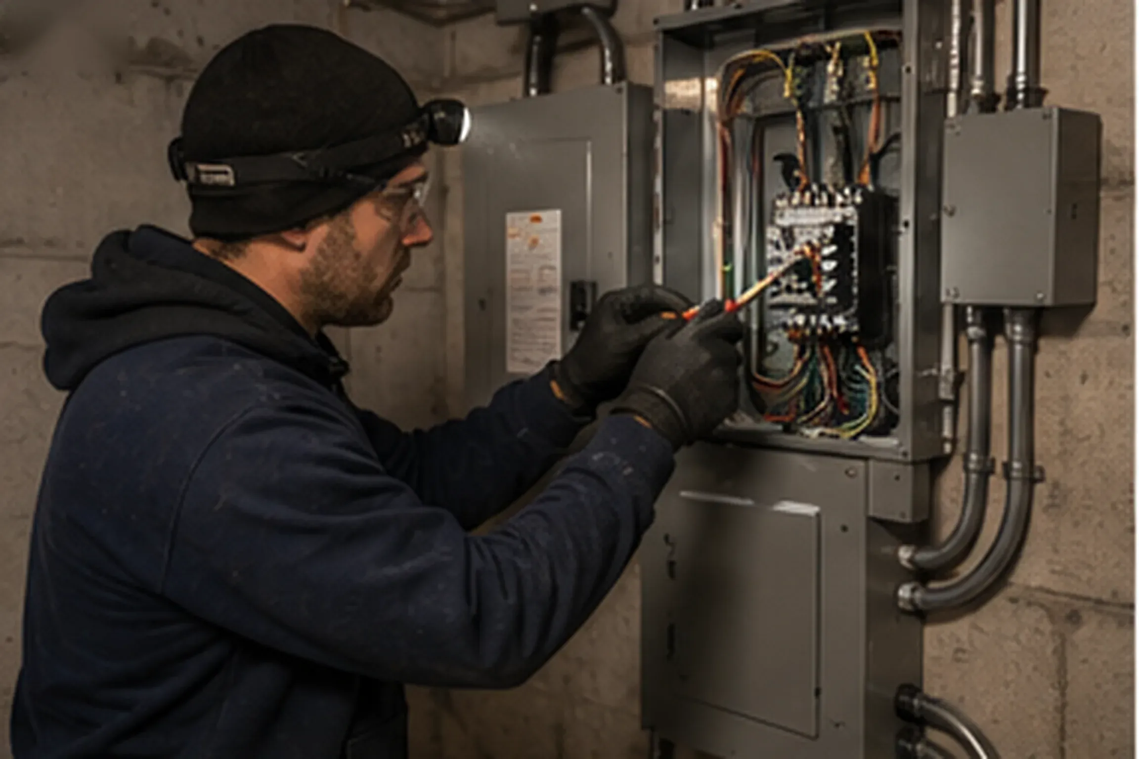 Licensed electrician wiring an automatic transfer switch beside a home electrical panel